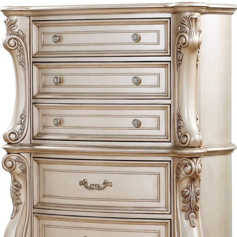21" Antiqued White Wood Five Drawer Dresser