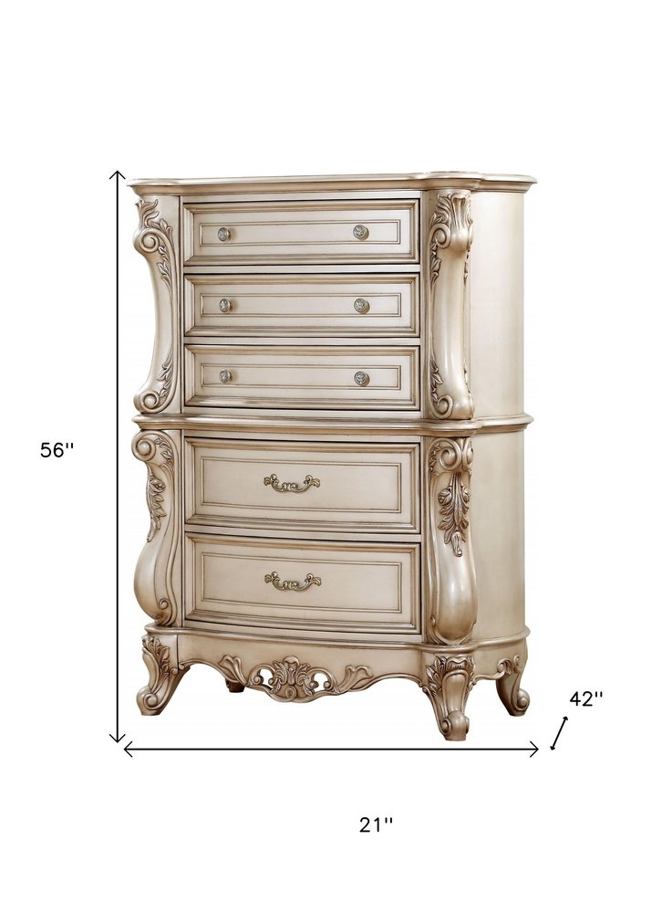 21" Antiqued White Wood Five Drawer Dresser