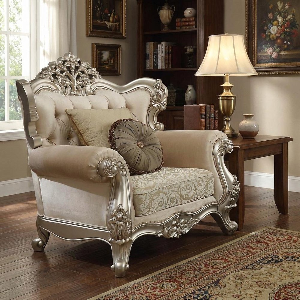 39" Champagne Fabric Damask Chair and a Half And Toss Pillows