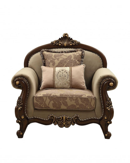 38" Beige and Brown Velvet Floral Arm Chair And Toss Pillows