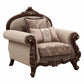38" Beige Velvet and Wood Floral Arm Chair And Toss Pillows