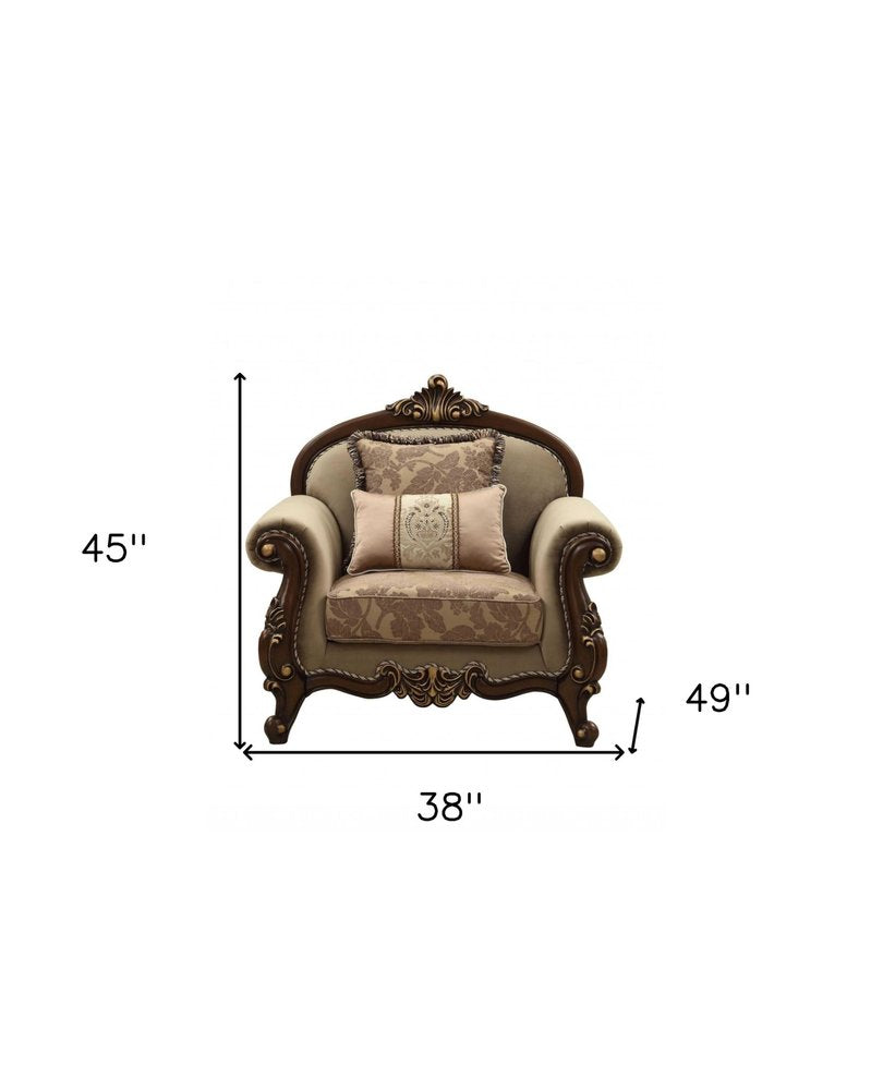 38" Beige Velvet and Wood Floral Arm Chair And Toss Pillows