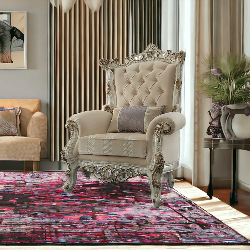 38" Pearl Fabric Striped Tufted Chesterfield Chair And Toss Pillow