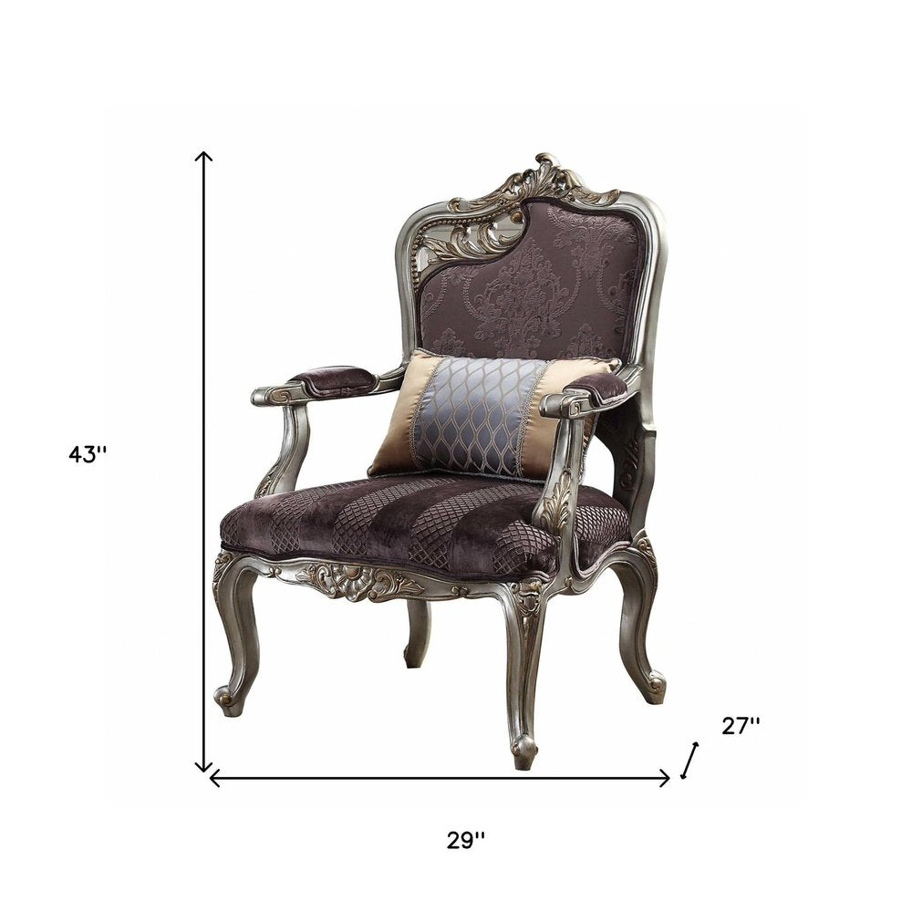 29" Purple Velvet and Wood Floral Arm Chair And Toss Pillow