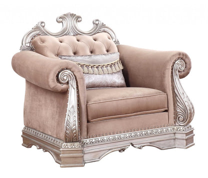 42" Cherry Blossom Pink Tufted Velvet and Wood Arm Chair And Toss Pillow
