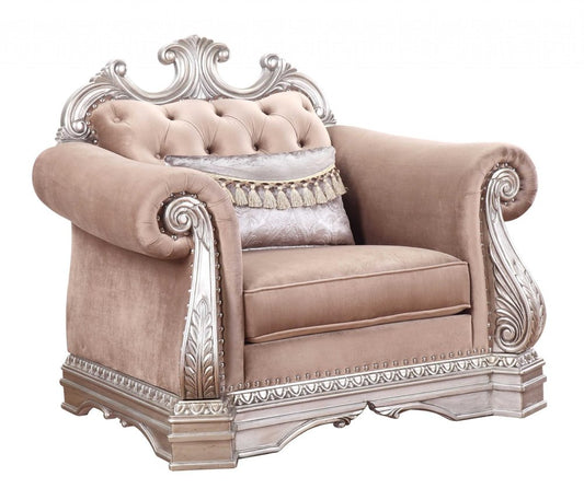42" Cherry Blossom Pink Tufted Velvet and Wood Arm Chair And Toss Pillow