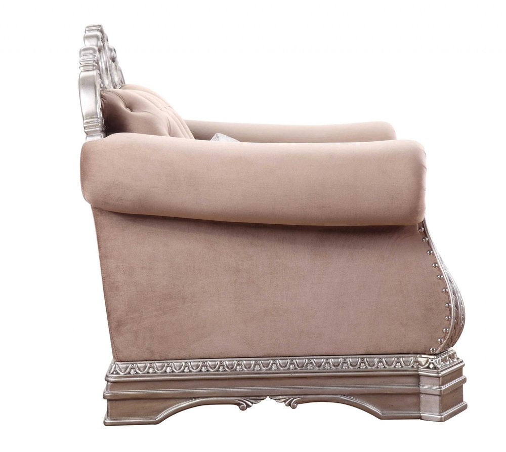 42" Cherry Blossom Pink Tufted Velvet and Wood Arm Chair And Toss Pillow