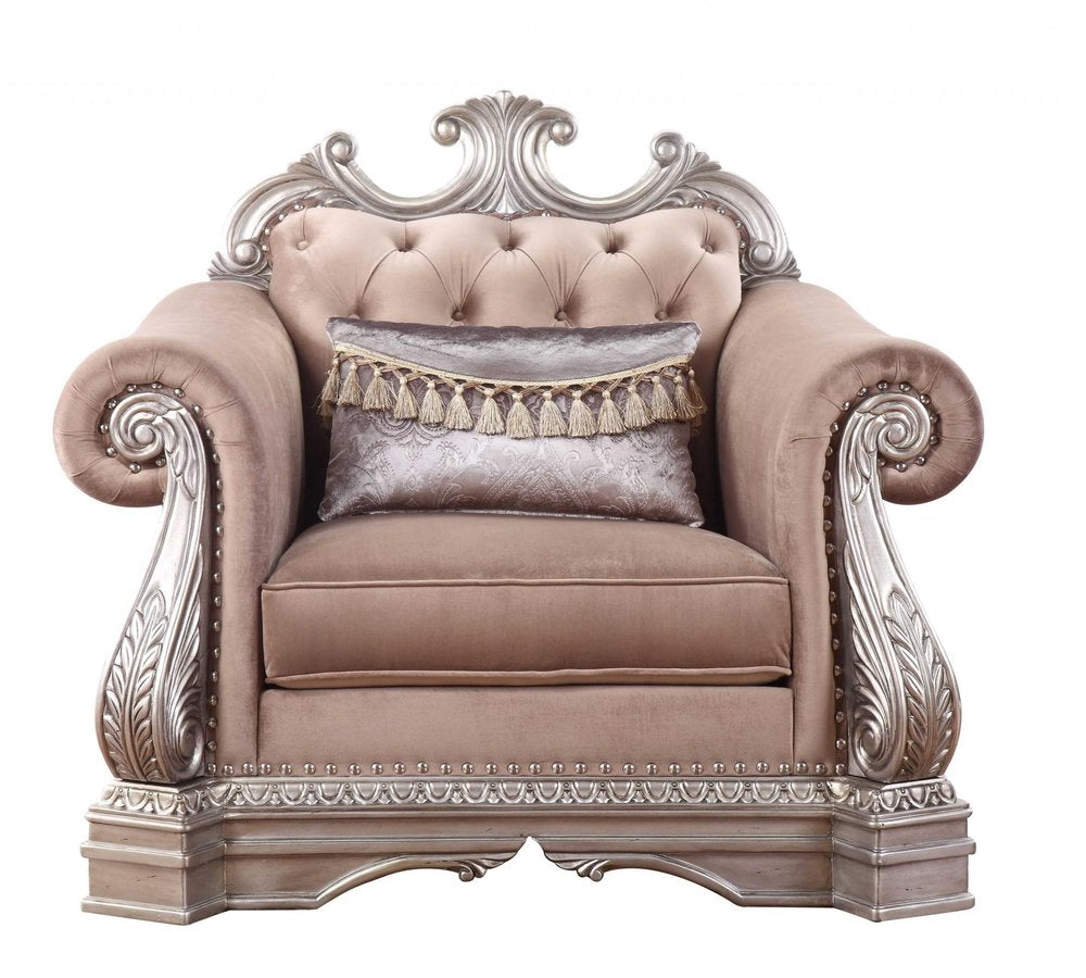 42" Cherry Blossom Pink Tufted Velvet and Wood Arm Chair And Toss Pillow