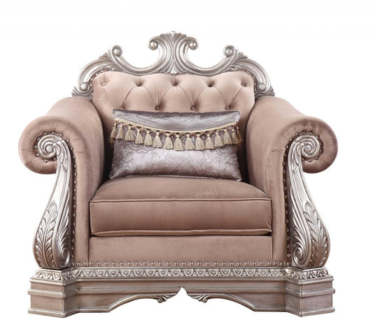 42" Cherry Blossom Pink Tufted Velvet and Wood Arm Chair And Toss Pillow