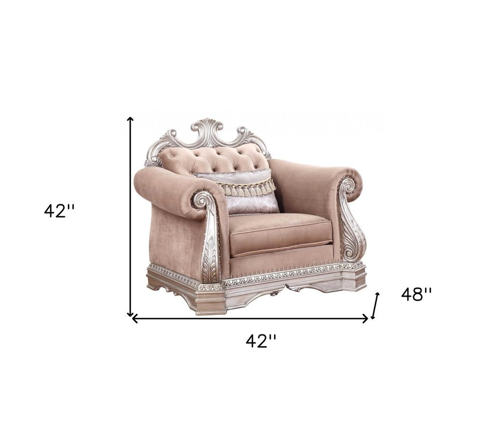 42" Cherry Blossom Pink Tufted Velvet and Wood Arm Chair And Toss Pillow