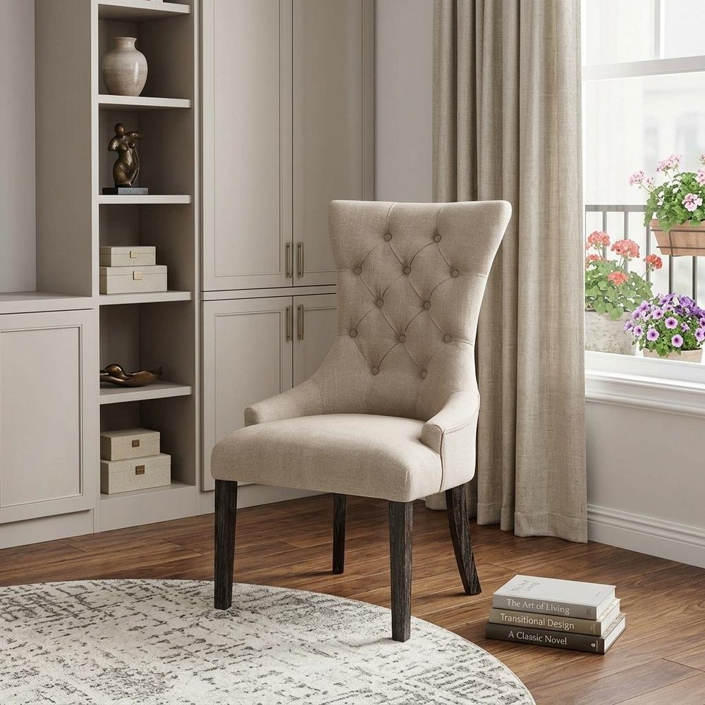 Set of Two 28" Beige and Dark Brown Linen Tufted Parsons Chair