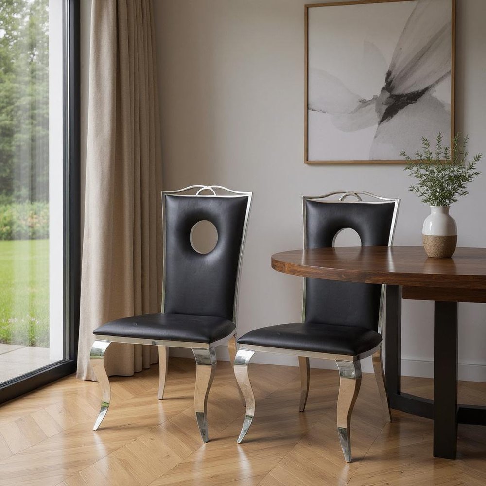 Set of Two Black And Silver Upholstered Faux Leather Dining Side Chairs