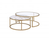 Set of Two Clear White and Gold Glass And Faux Marble And Iron Round Frame Nested Coffee Tables
