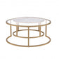 Set of Two Clear White and Gold Glass And Faux Marble And Iron Round Frame Nested Coffee Tables