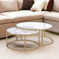 Set of Two Clear White and Gold Glass And Faux Marble And Iron Round Frame Nested Coffee Tables