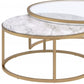 Set of Two Clear White and Gold Glass And Faux Marble And Iron Round Frame Nested Coffee Tables