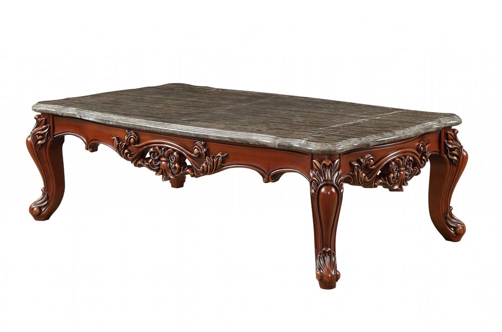 40" Dark Brown and Merlot Genuine Marble And Solid Wood Coffee Table