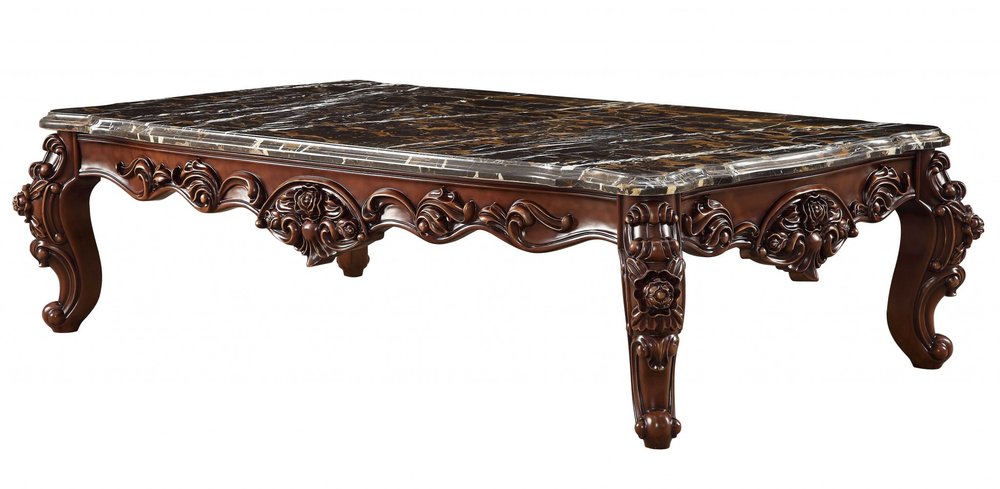 40" Dark Brown and Merlot Genuine Marble And Solid Wood Coffee Table