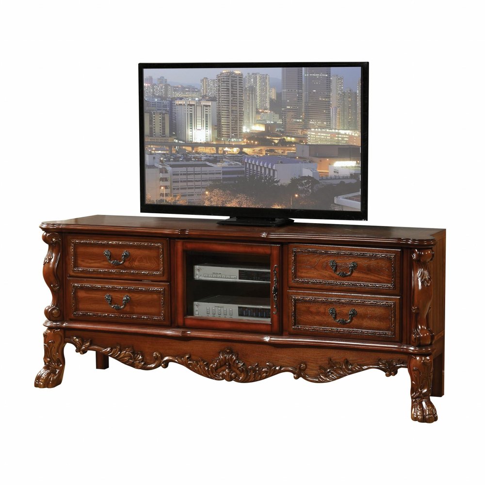 74" Off White Wood And Glass Carved Scrollwork Entertainment Center