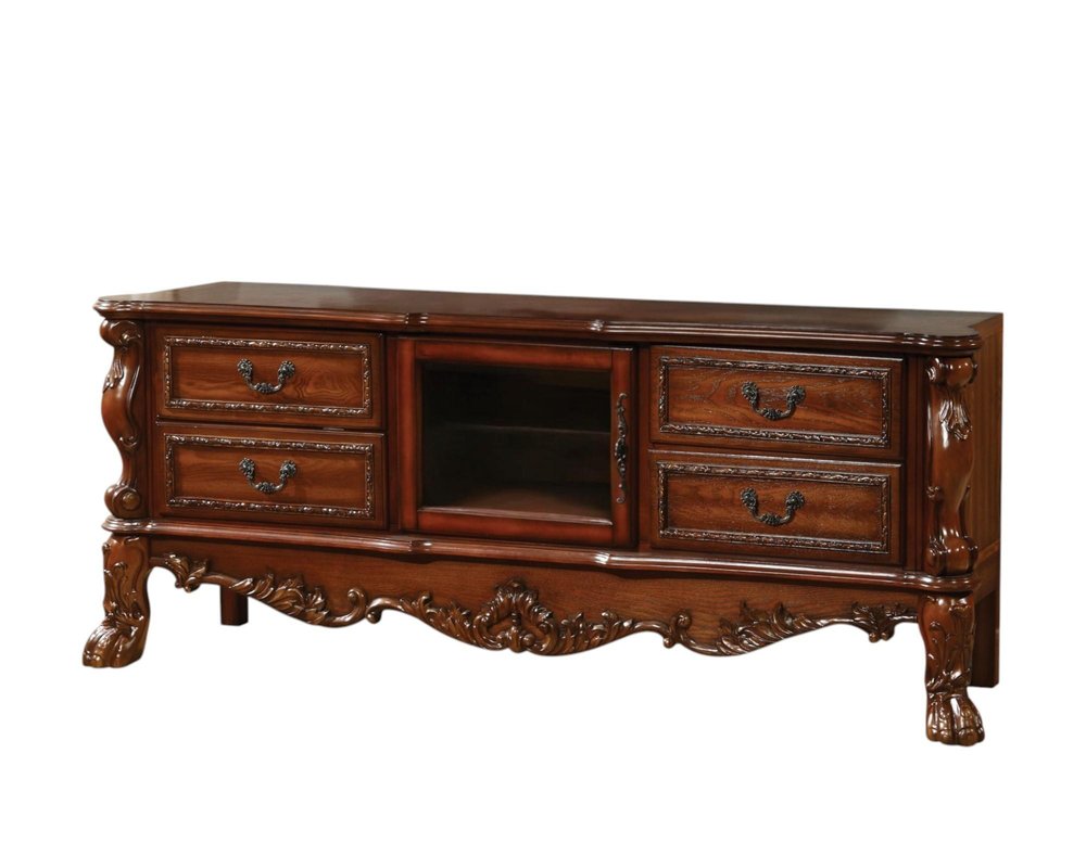 74" Off White Wood And Glass Carved Scrollwork Entertainment Center