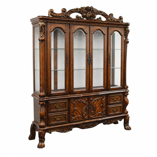 19" X 74" X 89" Cherry Oak Wood Poly Resin Glass Hutch  Buffet