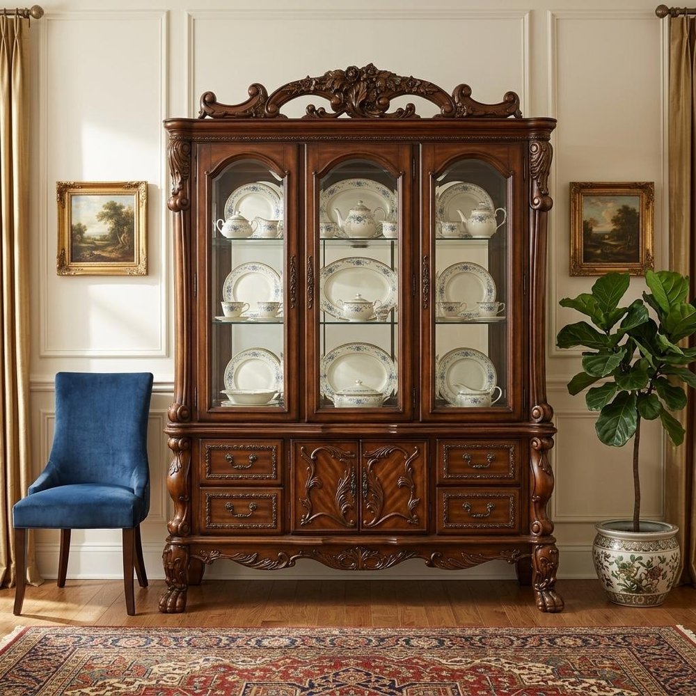 19" X 74" X 89" Cherry Oak Wood Poly Resin Glass Hutch  Buffet