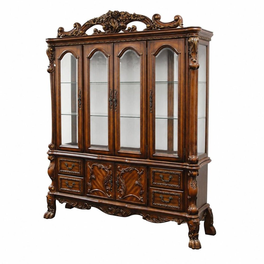 19" X 74" X 89" Cherry Oak Wood Poly Resin Glass Hutch  Buffet