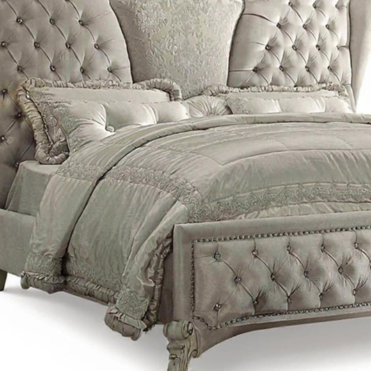Ivory Solid Wood Queen Tufted Upholstered Velvet Bed Frame with Nailhead Trim