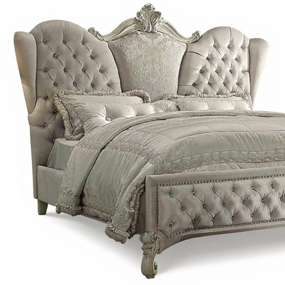 Ivory and White Solid Wood And Tufted Velvet Bed Frame With Nailhead Trim