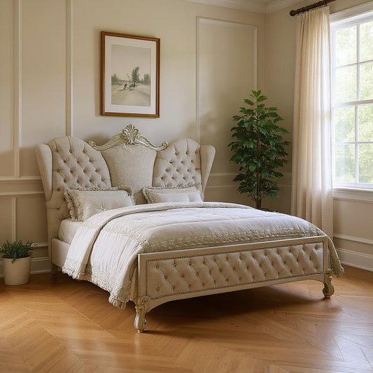 Ivory Solid Wood Queen Tufted Upholstered Velvet Bed Frame with Nailhead Trim