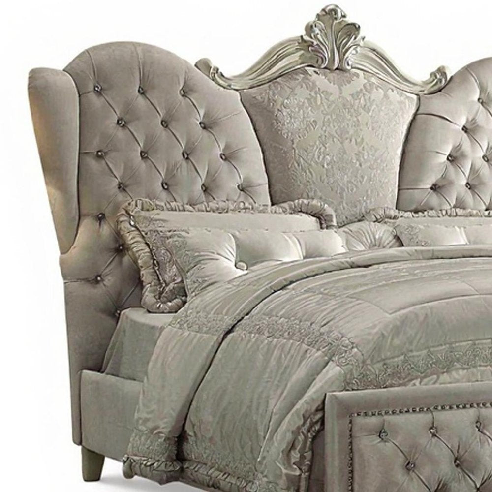 Ivory and White Solid Wood And Tufted Velvet Bed Frame With Nailhead Trim