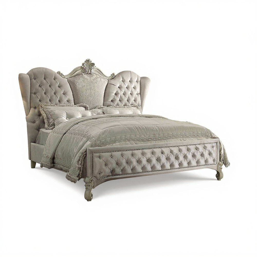 Ivory and White Solid Wood And Tufted Velvet Bed Frame With Nailhead Trim