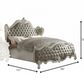 Gray and Bone Carved Scrollwork Solid Wood And Tufted Faux Leather Queen Bed Frame With Nailhead Trim