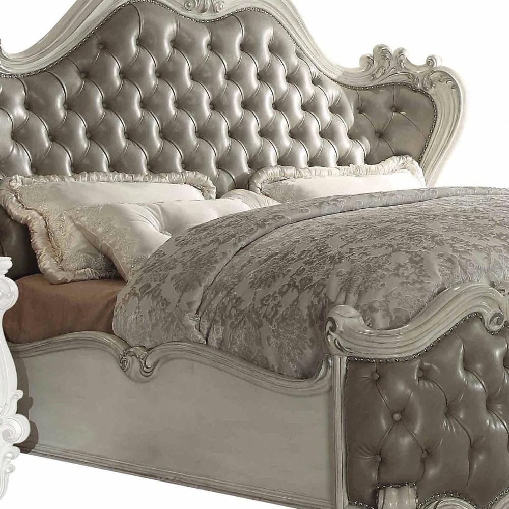 76" X 95" X 73" Vintage Gray Pu Bone White Wood Poly Resin Upholstery Queen Bed