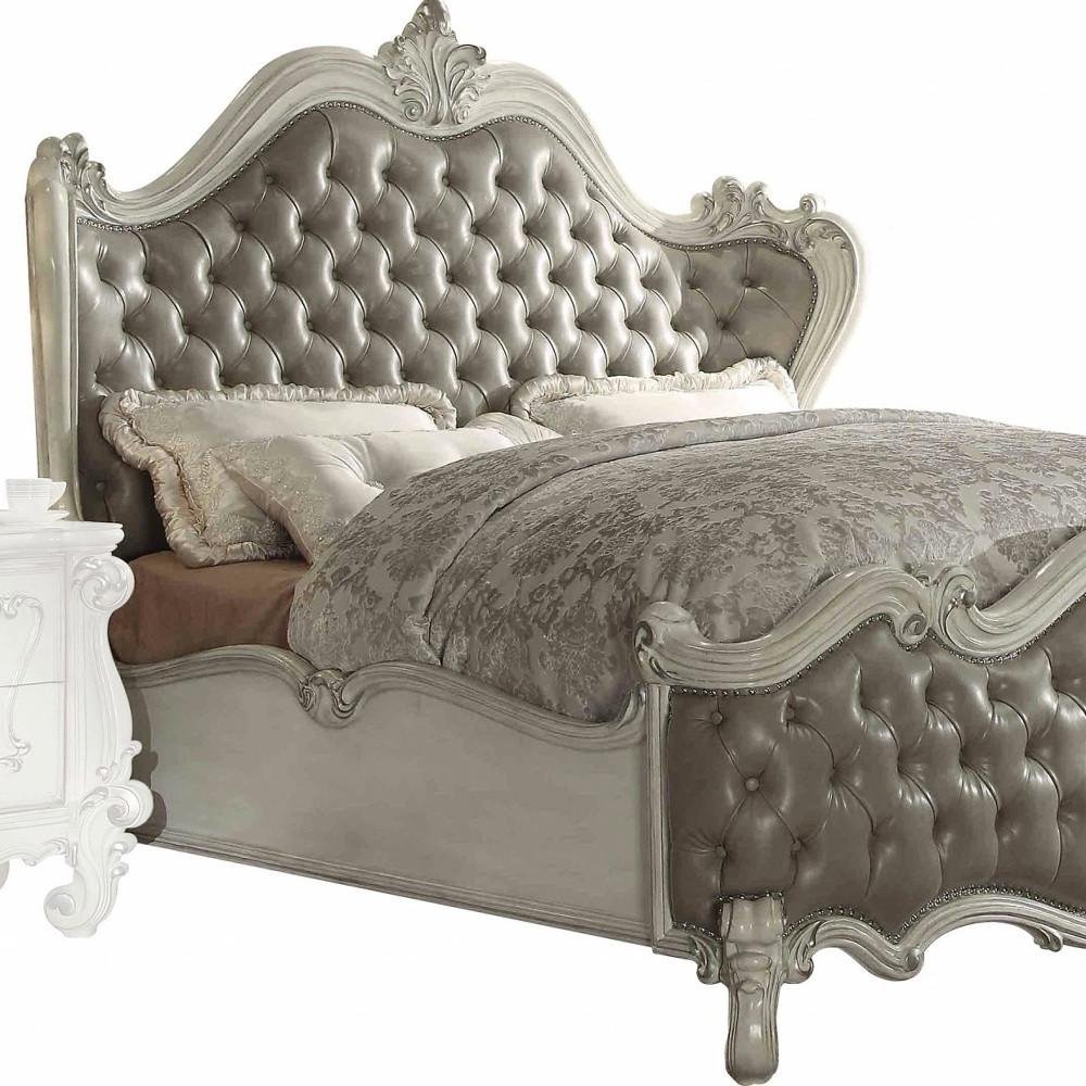 76" X 95" X 73" Vintage Gray Pu Bone White Wood Poly Resin Upholstery Queen Bed