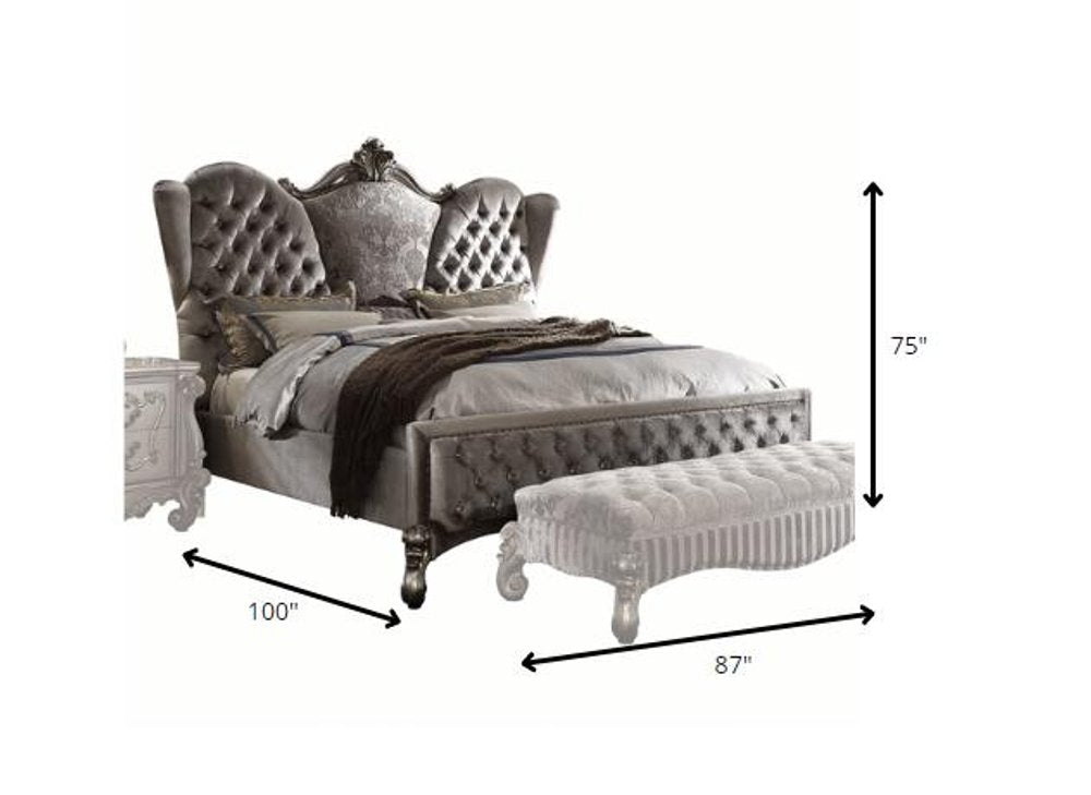 Gray Queen Tufted Upholstered Velvet Bed Frame with Nailhead Trim