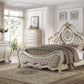 Antiqued White King Tufted Upholstered Linen Bed Frame with Nailhead Trim
