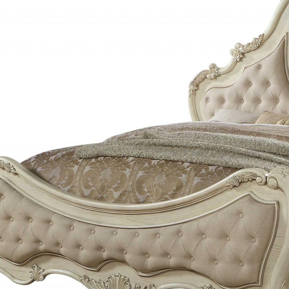 Antiqued White Solid Wood Tufted Upholstered Linen Bed Frame