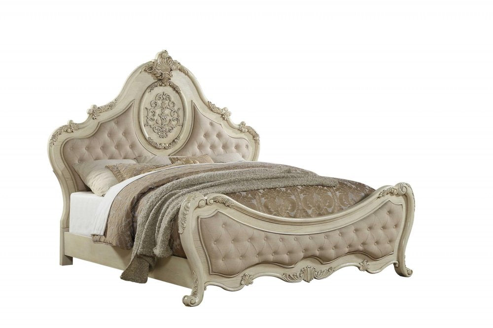 Antiqued White Solid Wood Tufted Upholstered Linen Bed Frame