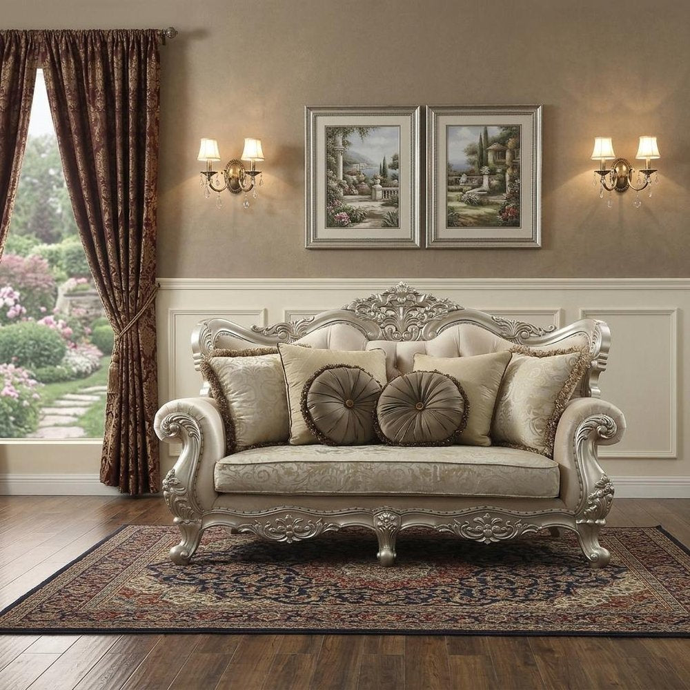 88" Champagne Velvet Curved Floral Sofa And Toss Pillows