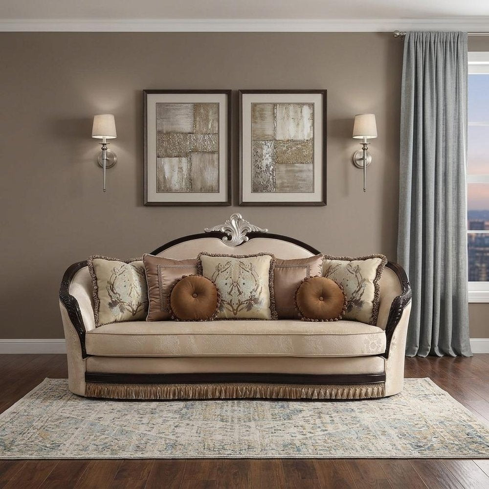 41" Tan Velvet Curved Sofa And Toss Pillows