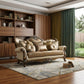 89" Tan Polyester Blend Curved Floral Sofa And Toss Pillows With Brown Legs
