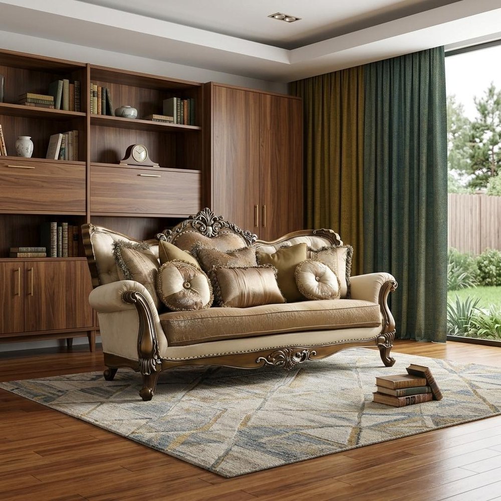 89" Tan Polyester Blend Curved Floral Sofa And Toss Pillows With Brown Legs