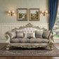 40" Antiqued White Velvet Curved Floral Sofa And Toss Pillows With Champagne Legs