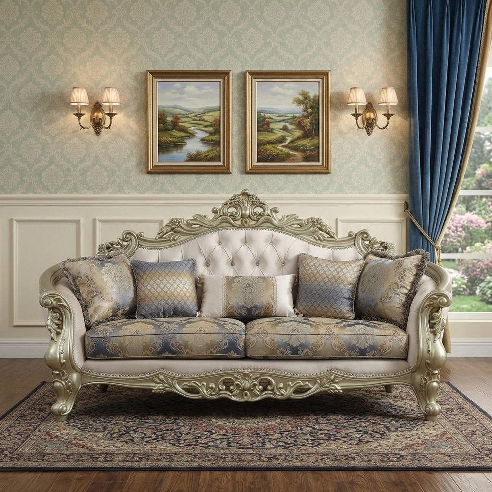 40" Antiqued White Velvet Curved Floral Sofa And Toss Pillows With Champagne Legs