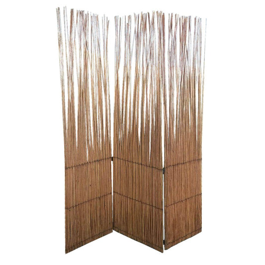 69" Brown Wood and Metal Folding Three Panel Screen Room Divider