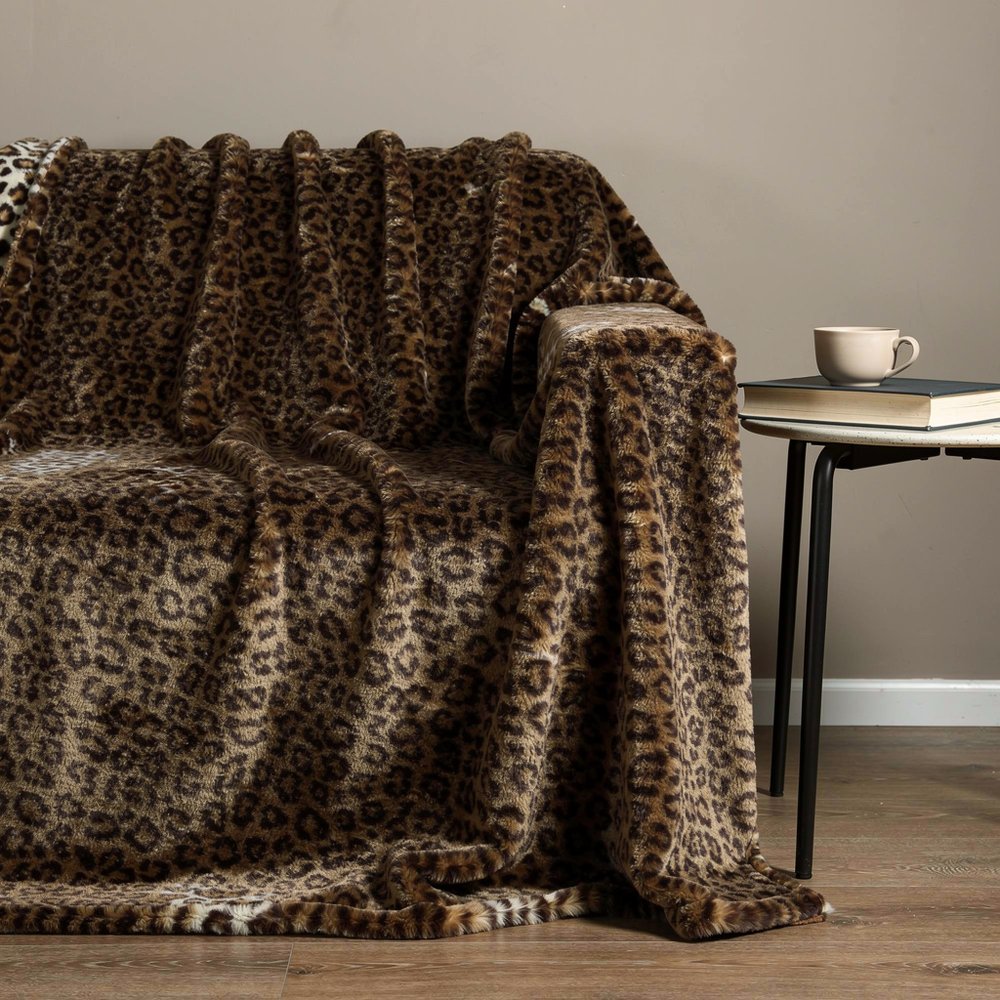 50" X 70" Brown and Black Faux Fur Leopard Plush Throw Blanket