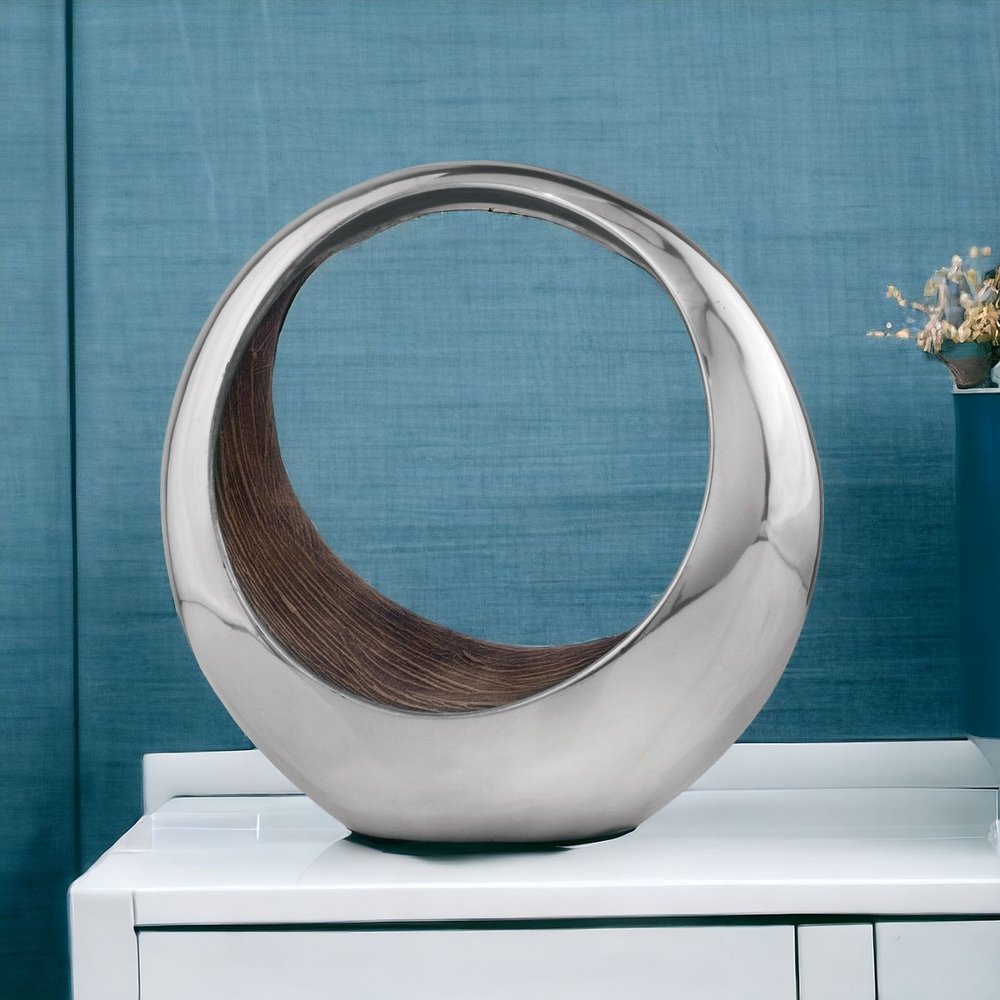 16" Silver and Brown Buffed Aluminum Tabletop Sculpture