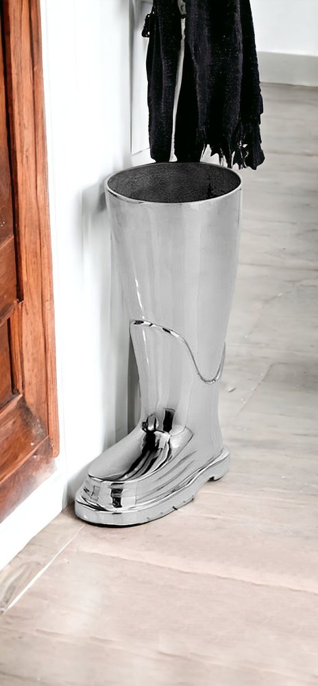 16" Silver Buffed Aluminum Firefighter Boot Umbrella Stand Sculpture