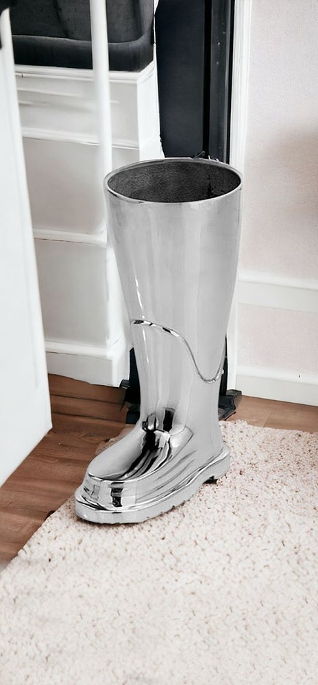 16" Silver Buffed Aluminum Firefighter Boot Umbrella Stand Sculpture